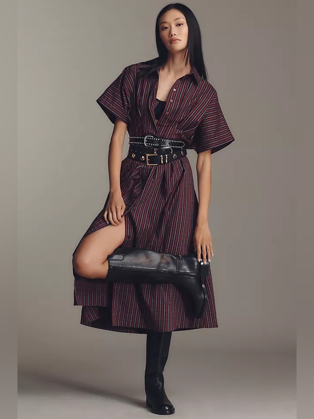 Anthropologie Burgundy and Black Striped Maxi Shirt Dress